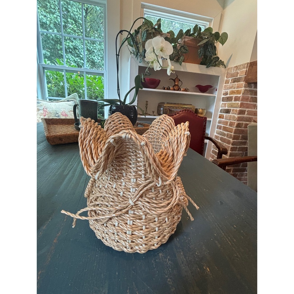 Vintage Woven Straw Ruffle Top Basket Bow Detail Boho Decor Made in Korea